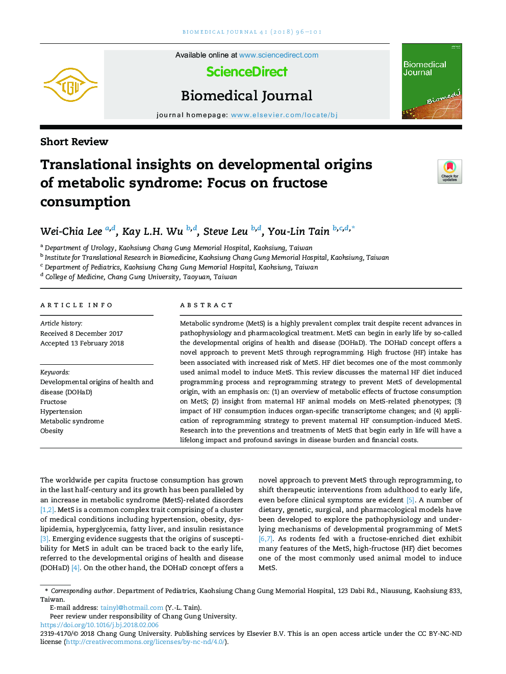 Translational insights on developmental origins ofÂ metabolic syndrome: Focus on fructose consumption