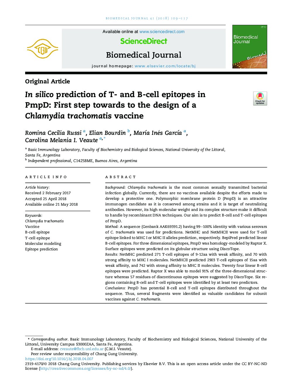 In silico prediction of T- and B-cell epitopes in PmpD: First step towards to the design of a Chlamydia trachomatis vaccine