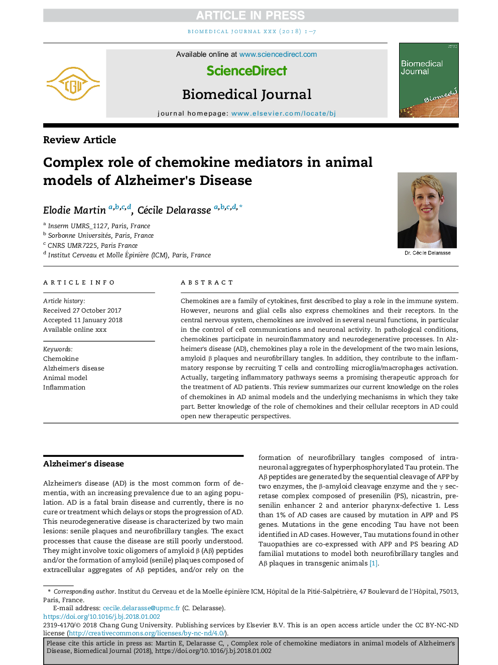 Complex role of chemokine mediators in animal models of Alzheimer's Disease