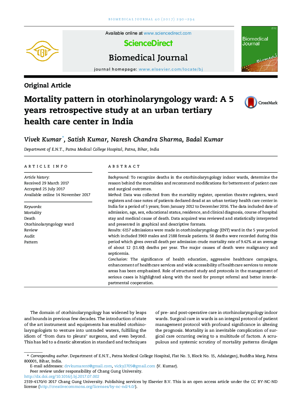 Mortality pattern in otorhinolaryngology ward: A 5 yearsÂ retrospective study at an urban tertiary health care center in India