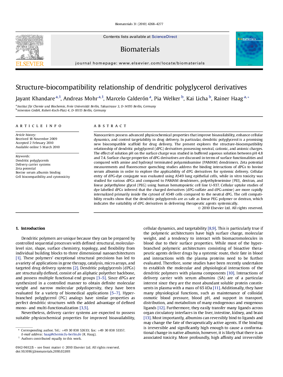 Structure-biocompatibility relationship of dendritic polyglycerol derivatives