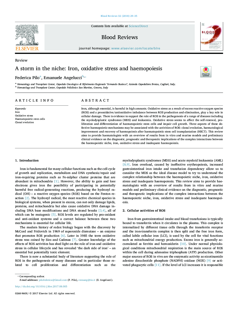 A storm in the niche: Iron, oxidative stress and haemopoiesis