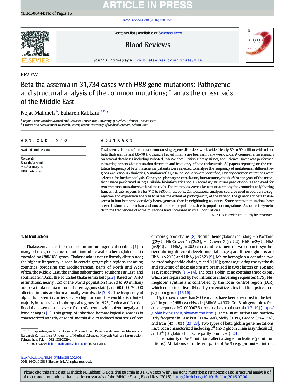 Beta thalassemia in 31,734 cases with HBB gene mutations: Pathogenic and structural analysis of the common mutations; Iran as the crossroads of the Middle East