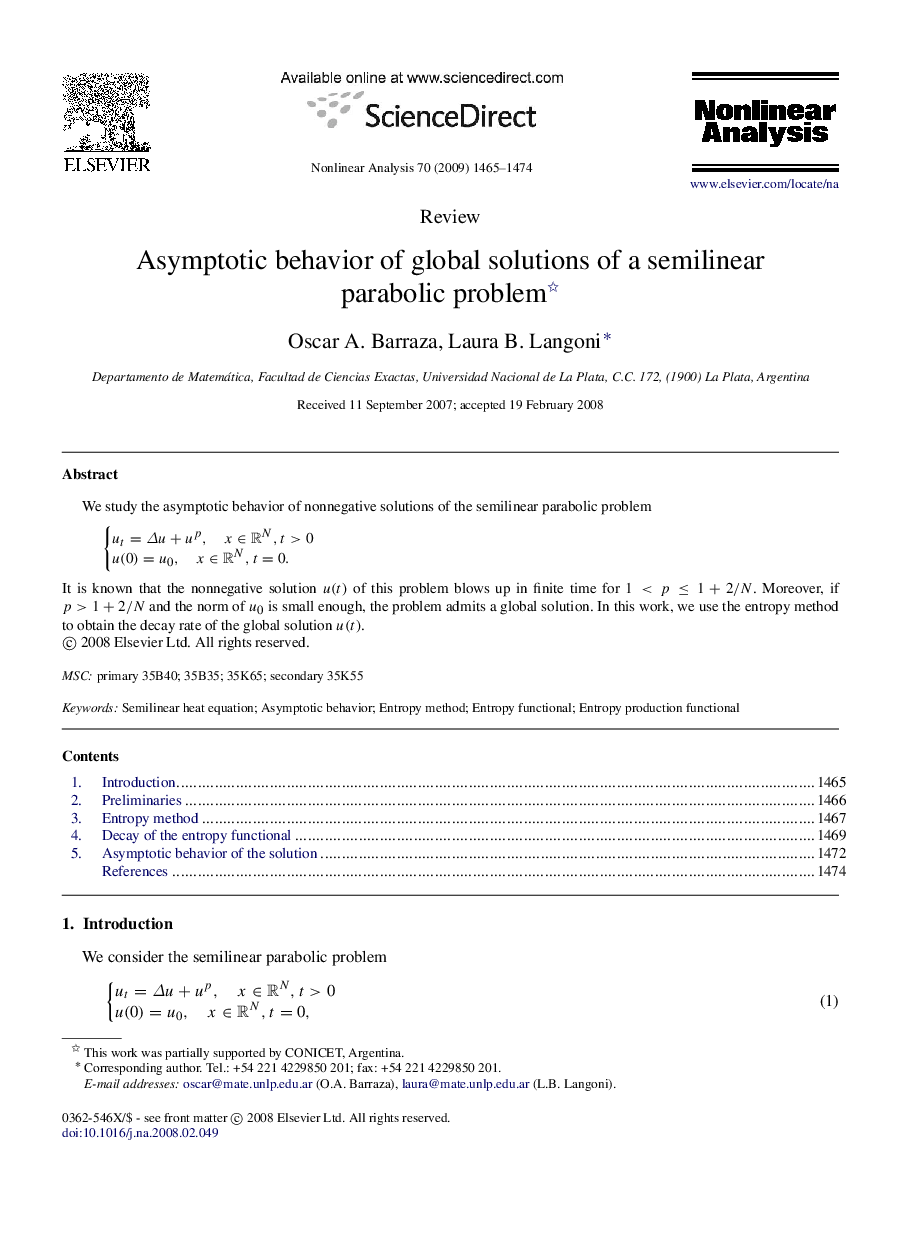 Asymptotic behavior of global solutions of a semilinear parabolic problem 