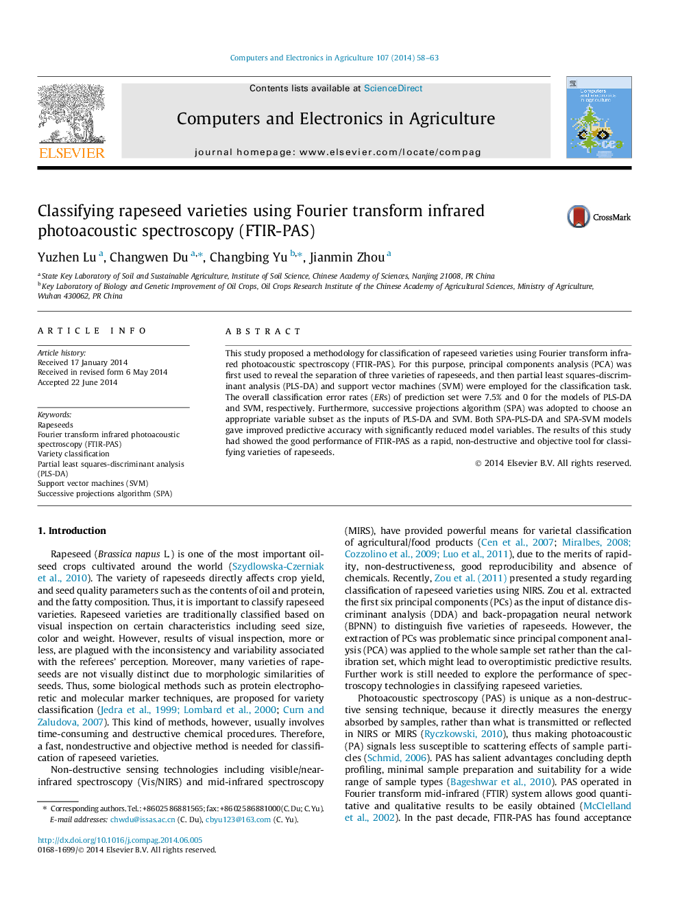 Classifying rapeseed varieties using Fourier transform infrared photoacoustic spectroscopy (FTIR-PAS)