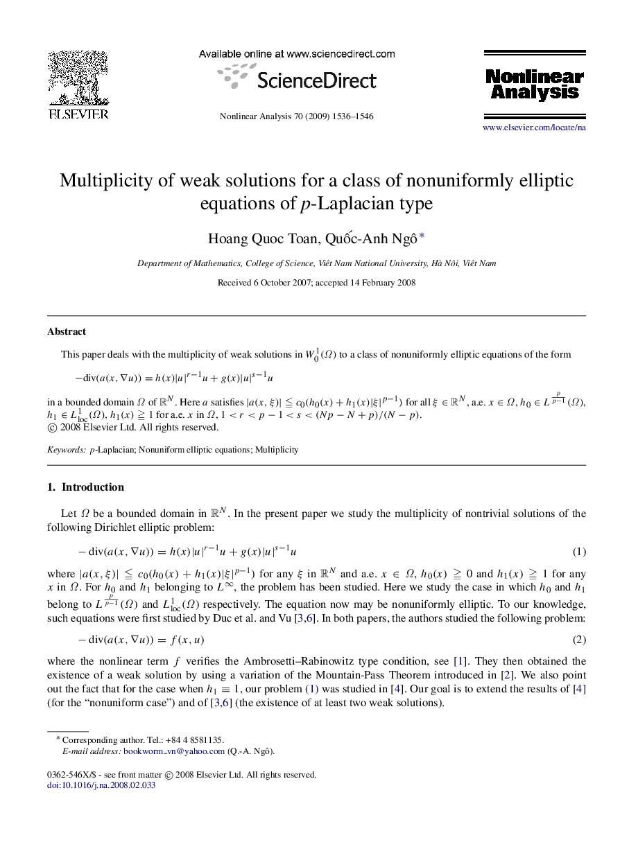 Multiplicity of weak solutions for a class of nonuniformly elliptic equations of p -Laplacian type