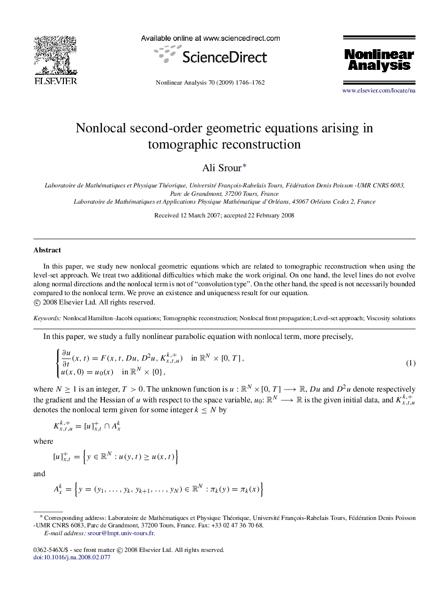 Nonlocal second-order geometric equations arising in tomographic reconstruction