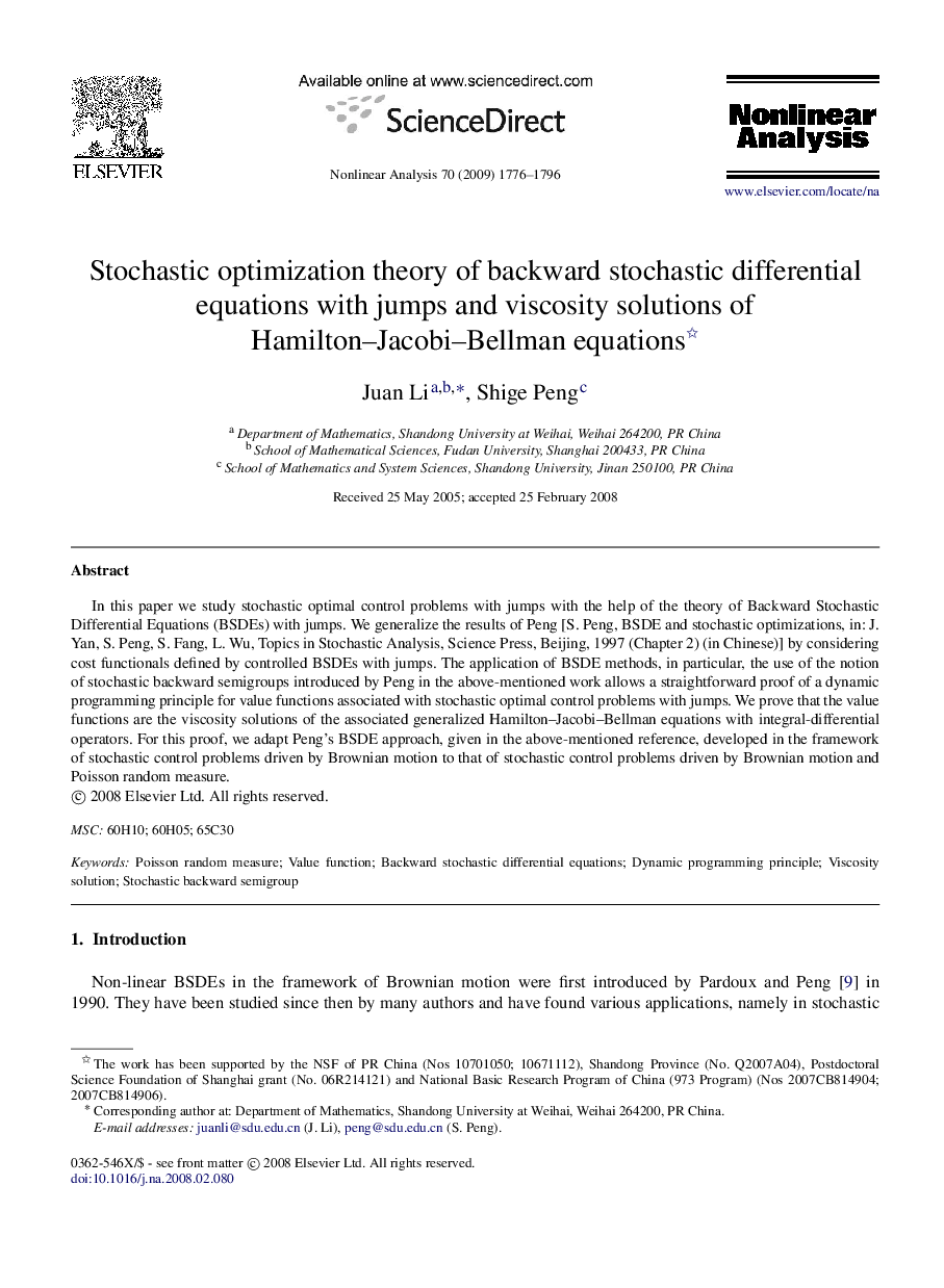 Stochastic optimization theory of backward stochastic differential equations with jumps and viscosity solutions of Hamilton–Jacobi–Bellman equations 