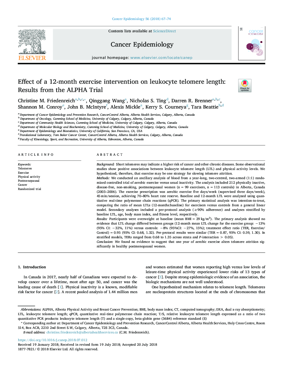 Effect of a 12-month exercise intervention on leukocyte telomere length: Results from the ALPHA Trial