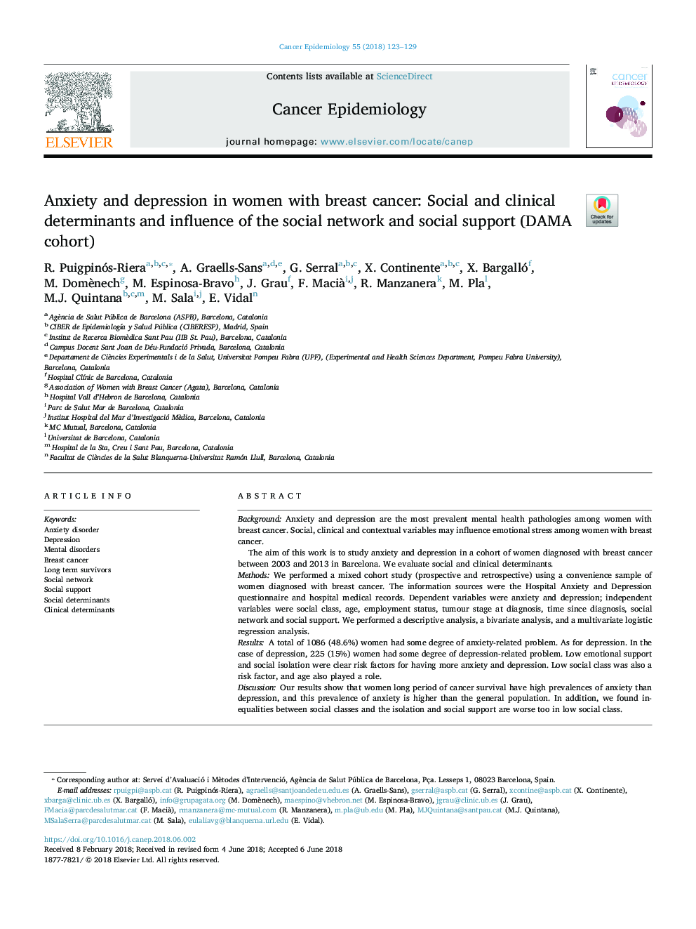 Anxiety and depression in women with breast cancer: Social and clinical determinants and influence of the social network and social support (DAMA cohort)