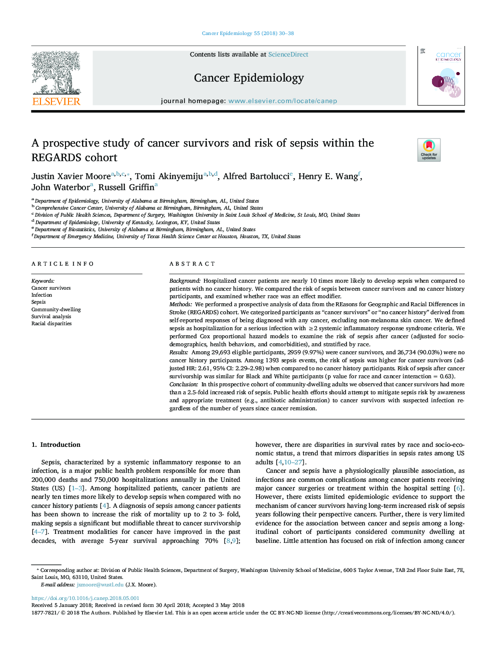 A prospective study of cancer survivors and risk of sepsis within the REGARDS cohort