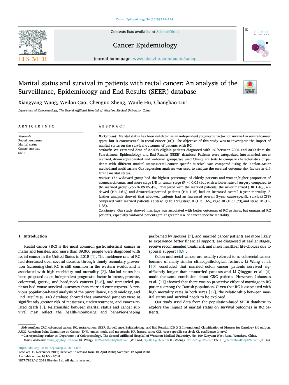 Marital status and survival in patients with rectal cancer: An analysis of the Surveillance, Epidemiology and End Results (SEER) database