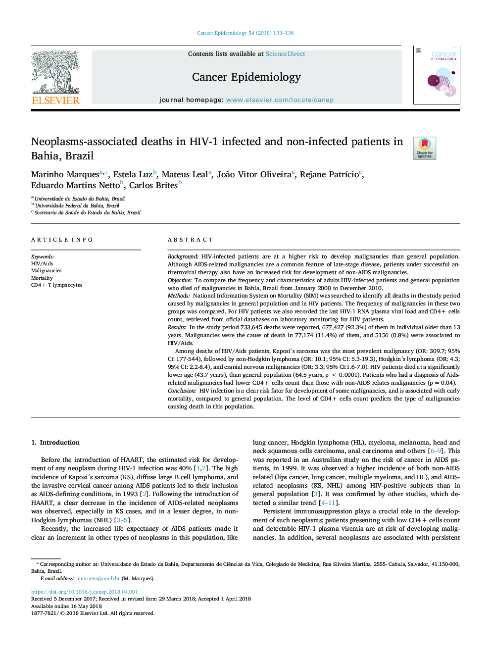 Neoplasms-associated deaths in HIV-1 infected and non-infected patients in Bahia, Brazil