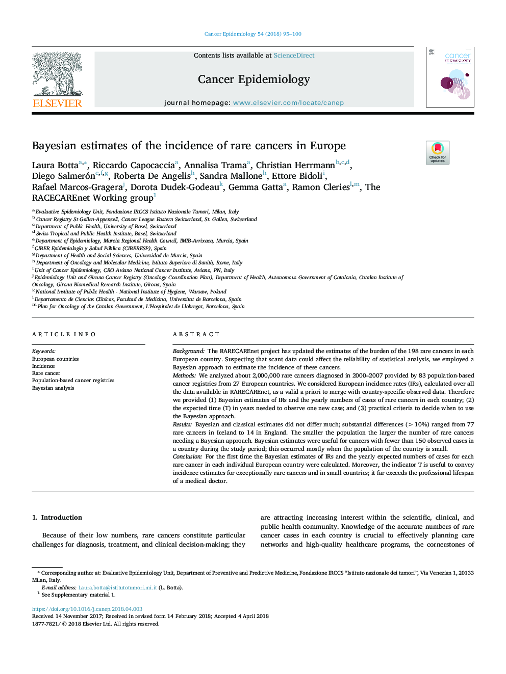 Bayesian estimates of the incidence of rare cancers in Europe