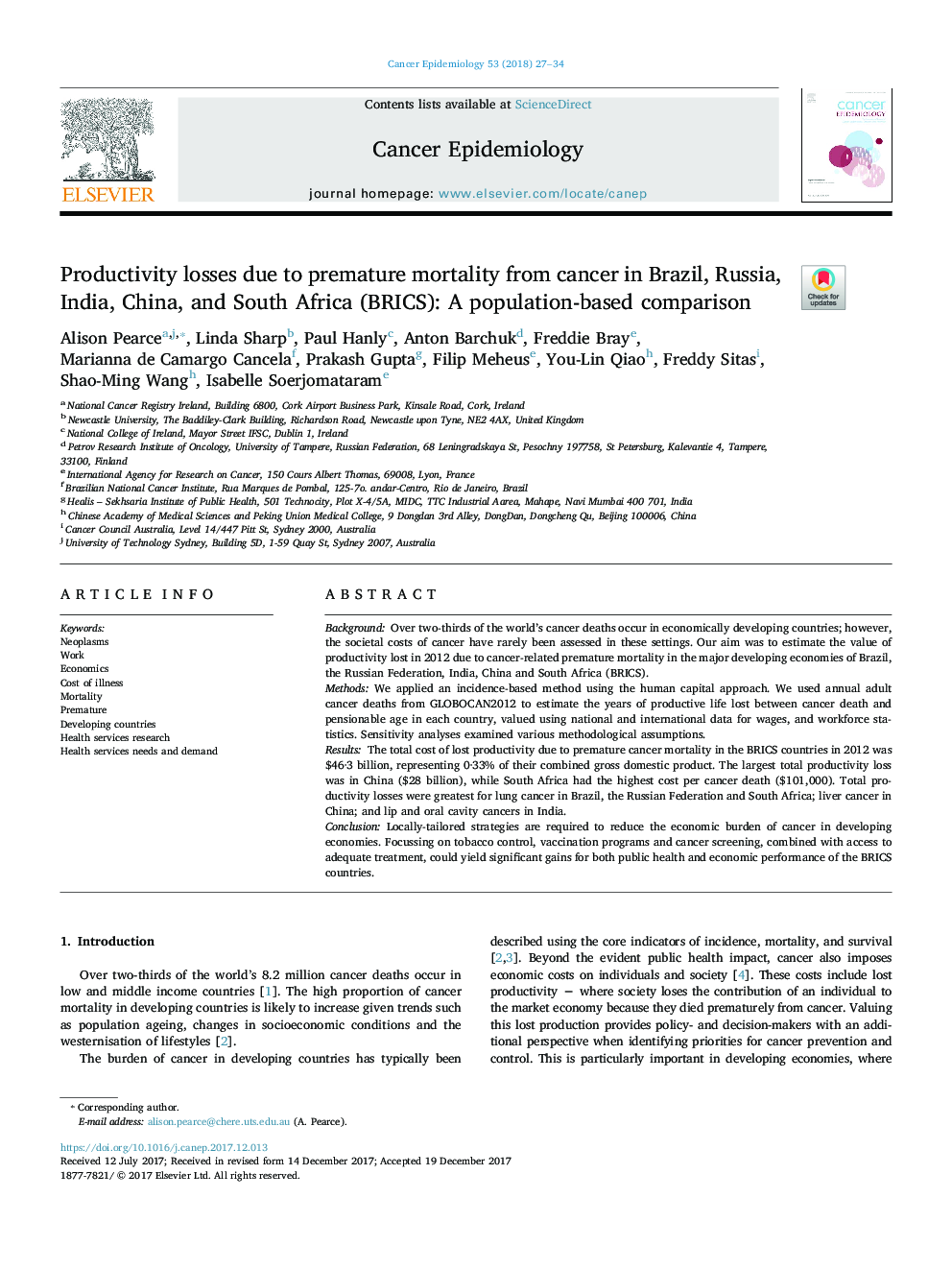 Productivity losses due to premature mortality from cancer in Brazil, Russia, India, China, and South Africa (BRICS): A population-based comparison