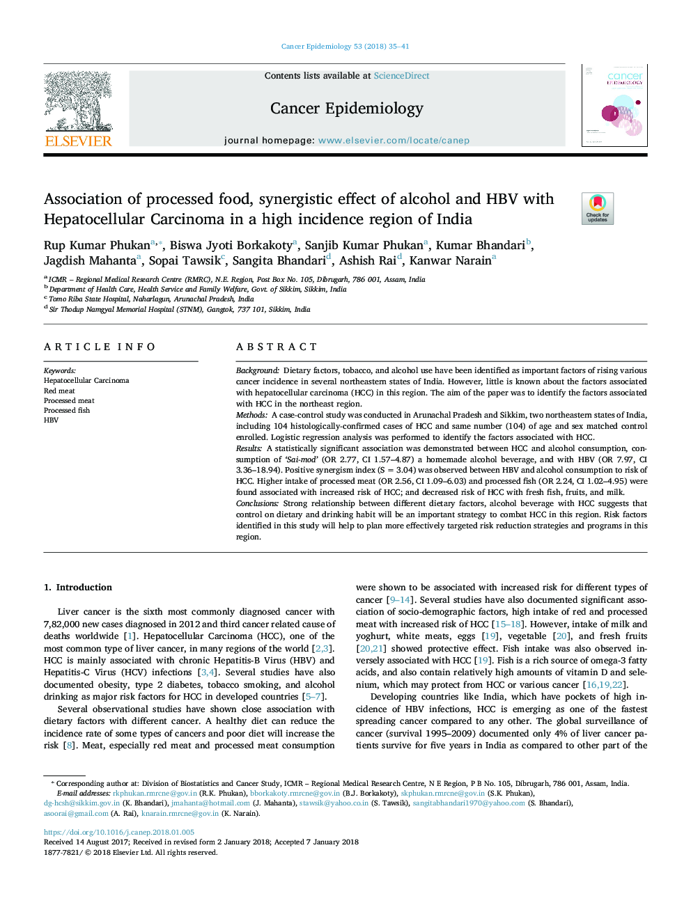 Association of processed food, synergistic effect of alcohol and HBV with Hepatocellular Carcinoma in a high incidence region of India