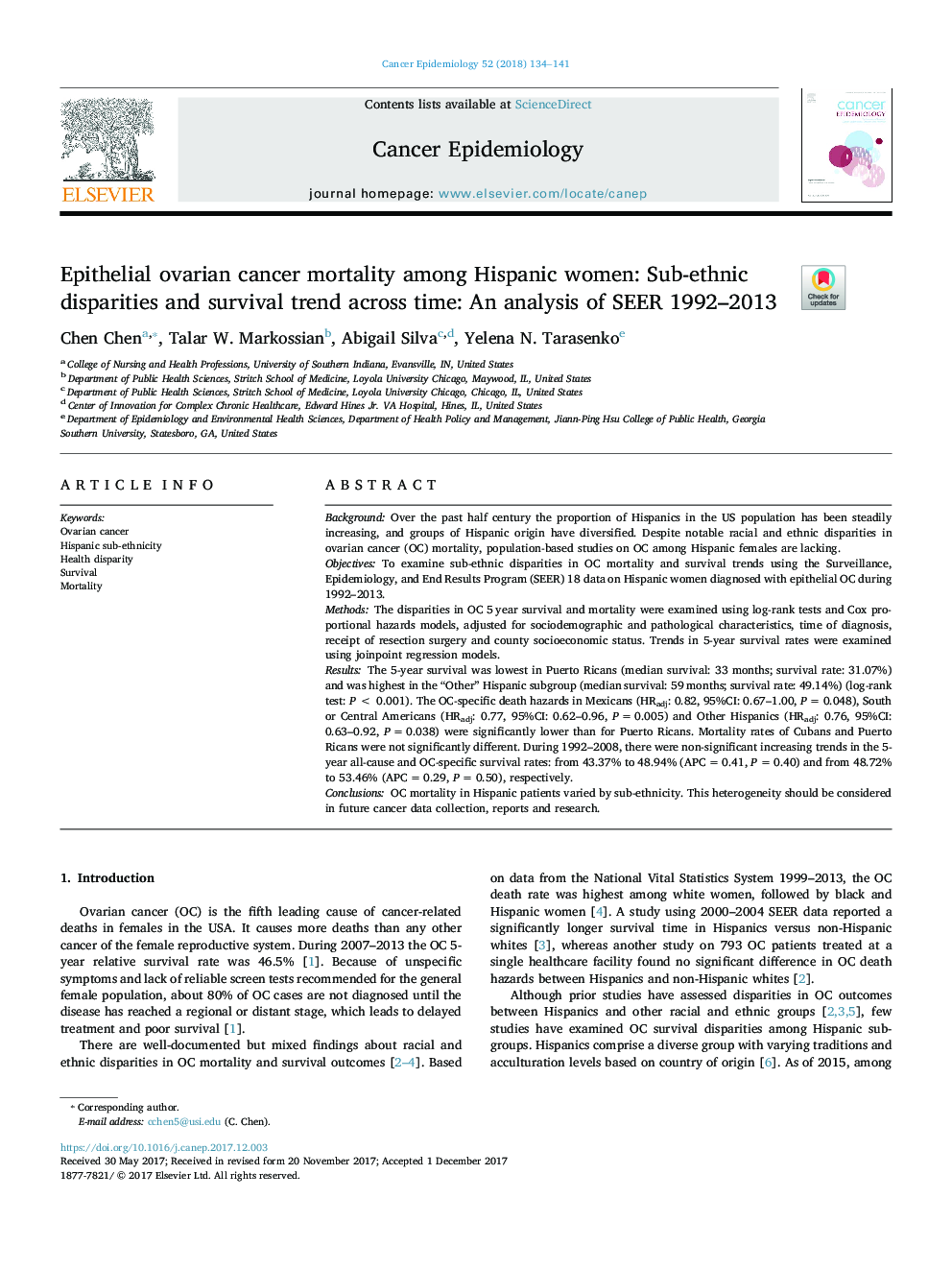 Epithelial ovarian cancer mortality among Hispanic women: Sub-ethnic disparities and survival trend across time: An analysis of SEER 1992-2013