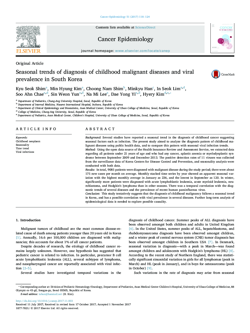 Seasonal trends of diagnosis of childhood malignant diseases and viral prevalence in South Korea