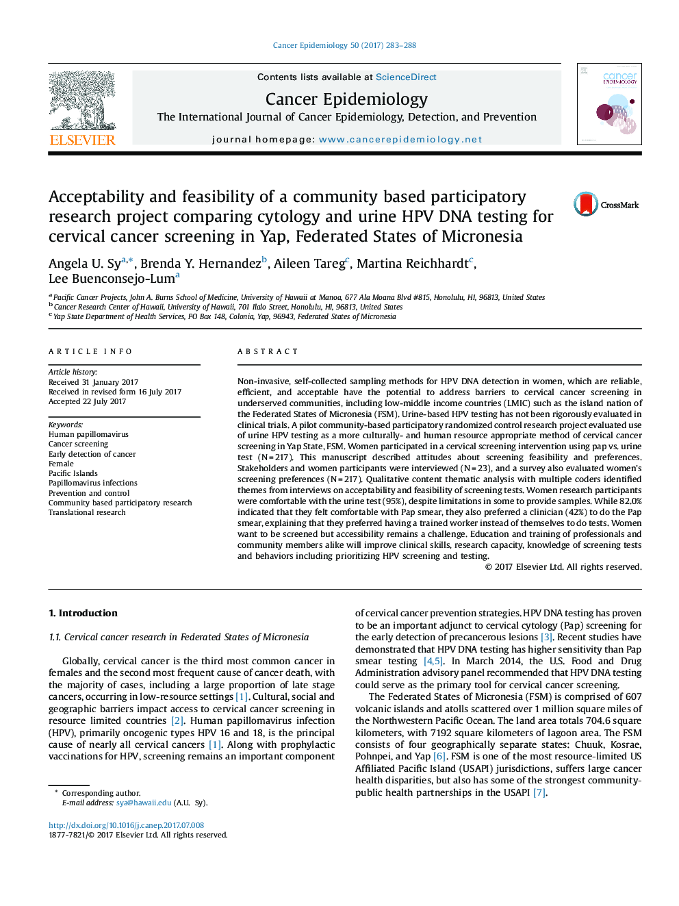 Acceptability and feasibility of a community based participatory research project comparing cytology and urine HPV DNA testing for cervical cancer screening in Yap, Federated States of Micronesia