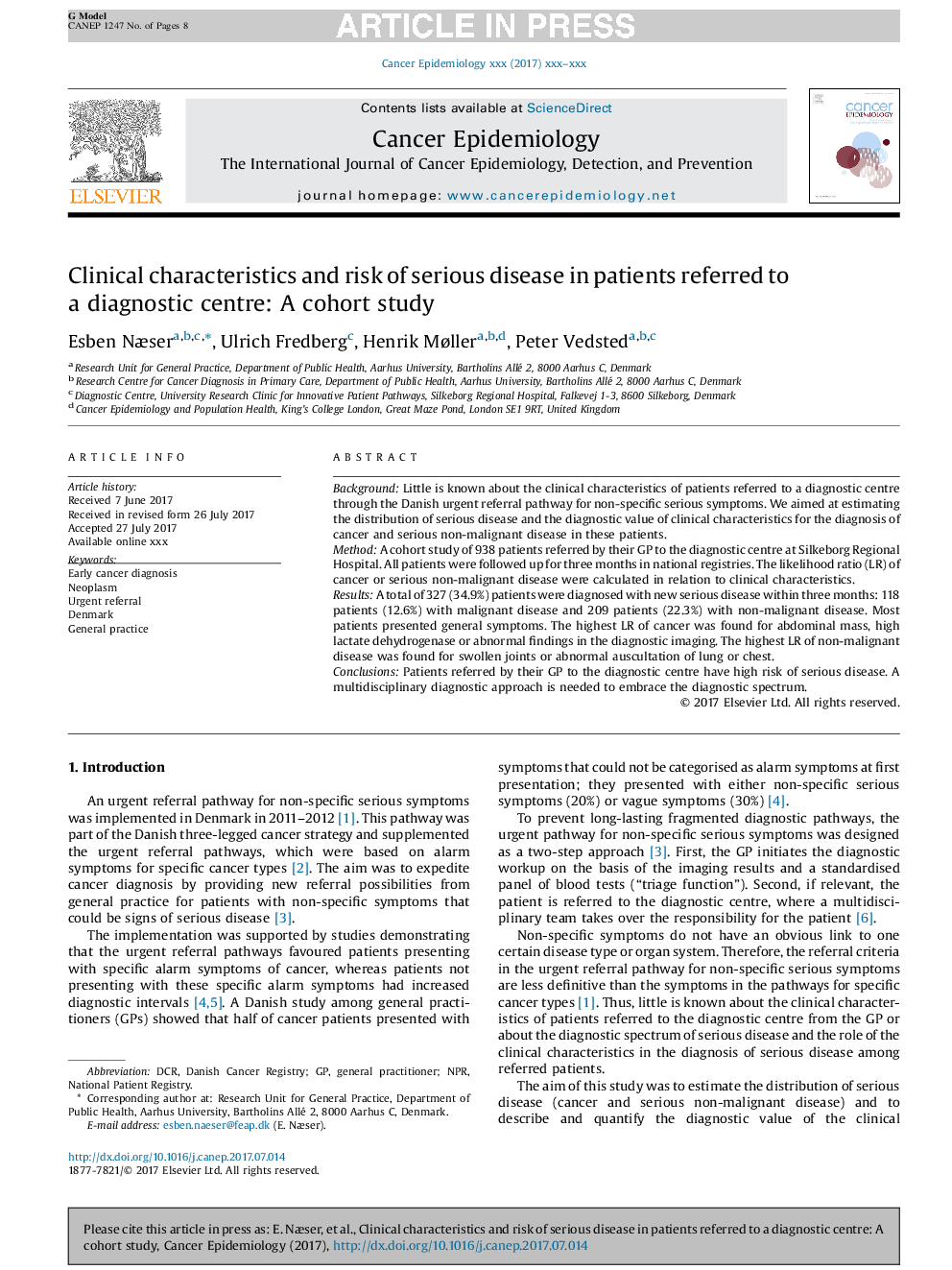 Clinical characteristics and risk of serious disease in patients referred to a diagnostic centre: A cohort study