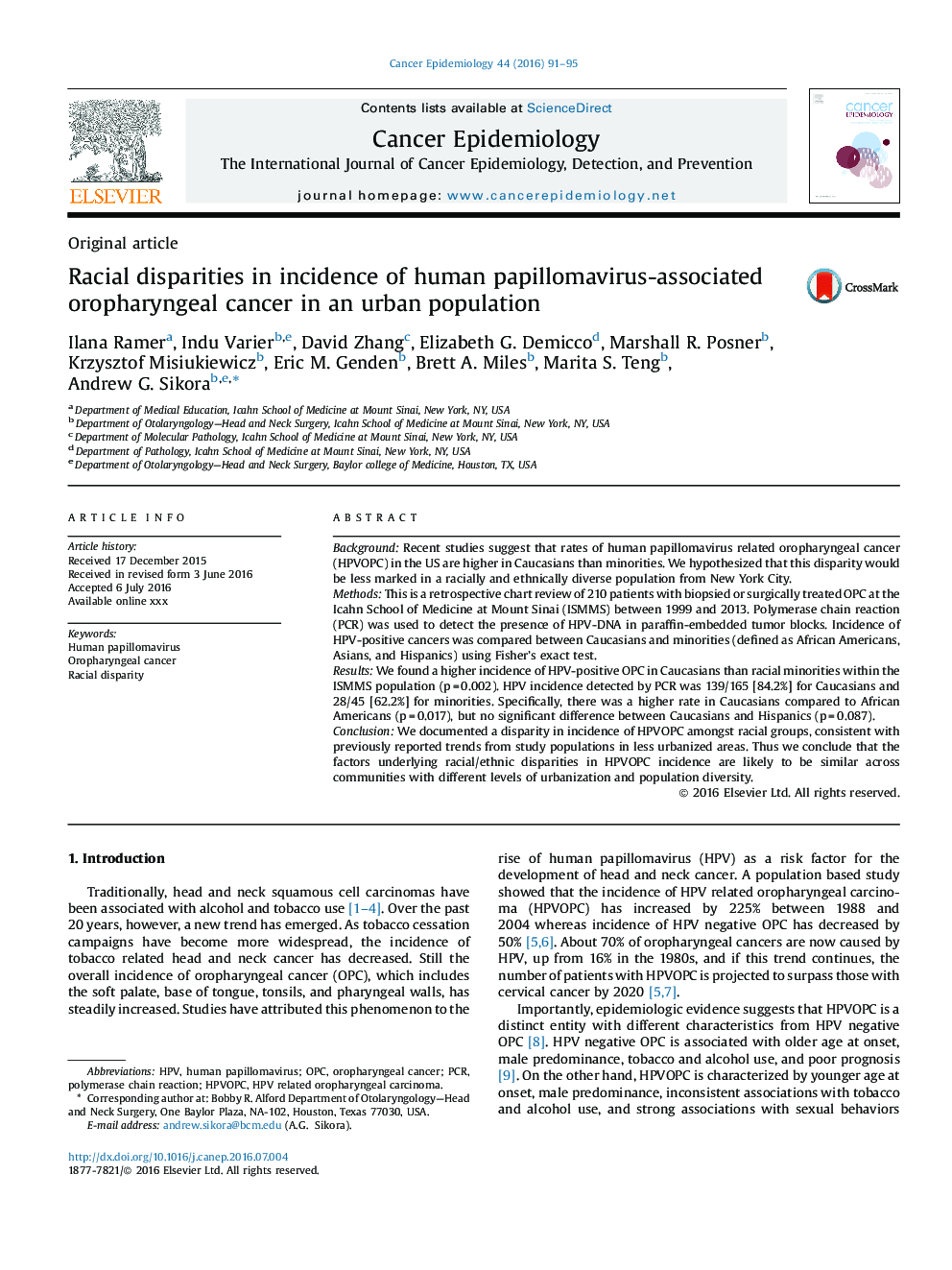 Racial disparities in incidence of human papillomavirus-associated oropharyngeal cancer in an urban population