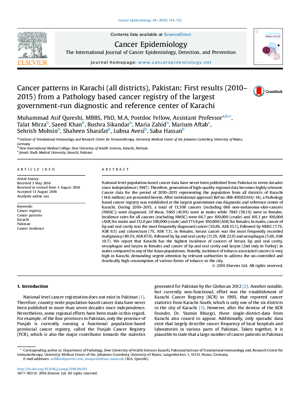 Cancer patterns in Karachi (all districts), Pakistan: First results (2010-2015) from a Pathology based cancer registry of the largest government-run diagnostic and reference center of Karachi