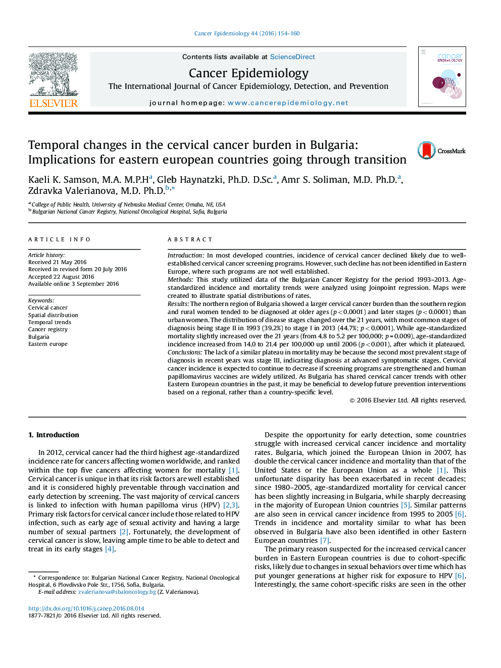 Temporal changes in the cervical cancer burden in Bulgaria: Implications for eastern european countries going through transition