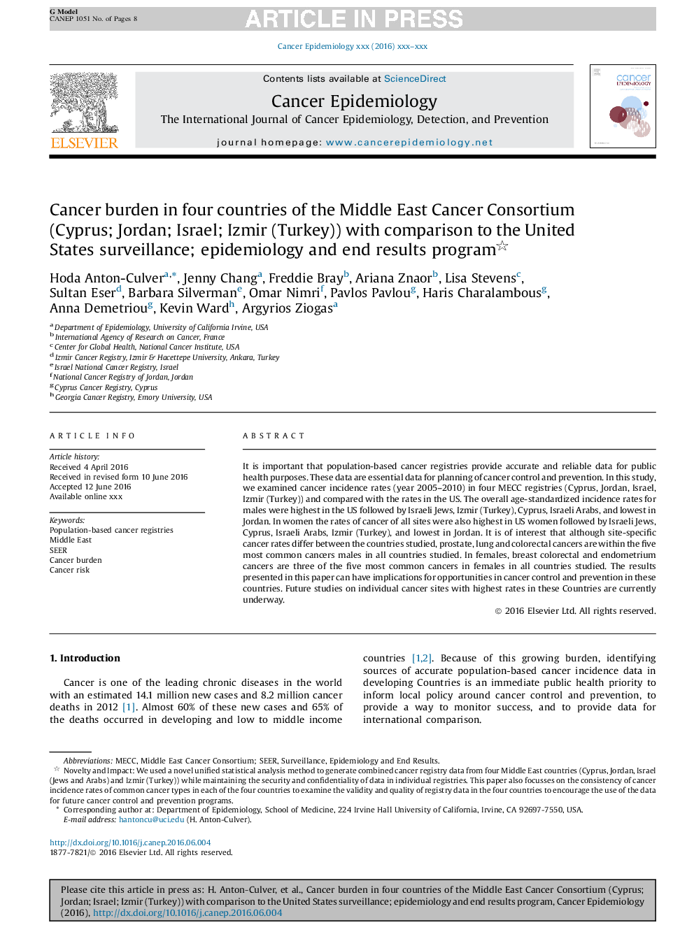 Cancer burden in four countries of the Middle East Cancer Consortium (Cyprus; Jordan; Israel; Izmir (Turkey)) with comparison to the United States surveillance; epidemiology and end results program