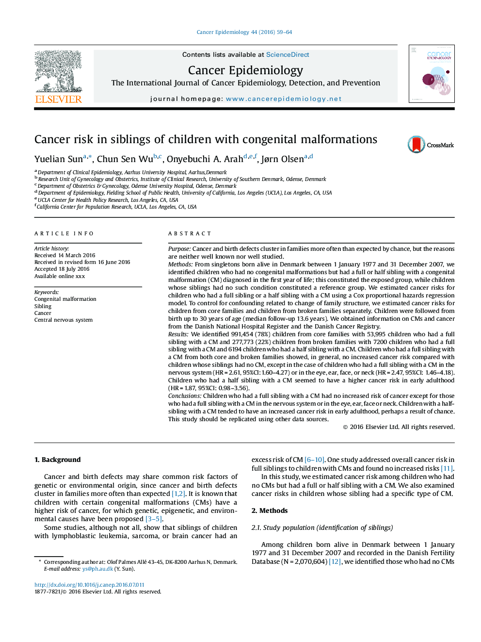 Cancer risk in siblings of children with congenital malformations