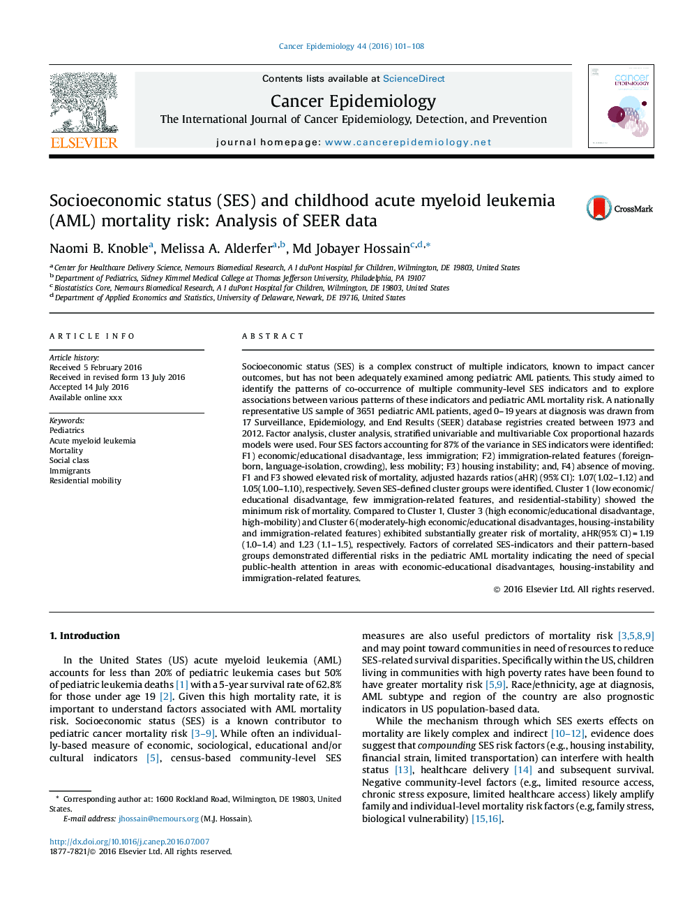 Socioeconomic status (SES) and childhood acute myeloid leukemia (AML) mortality risk: Analysis of SEER data