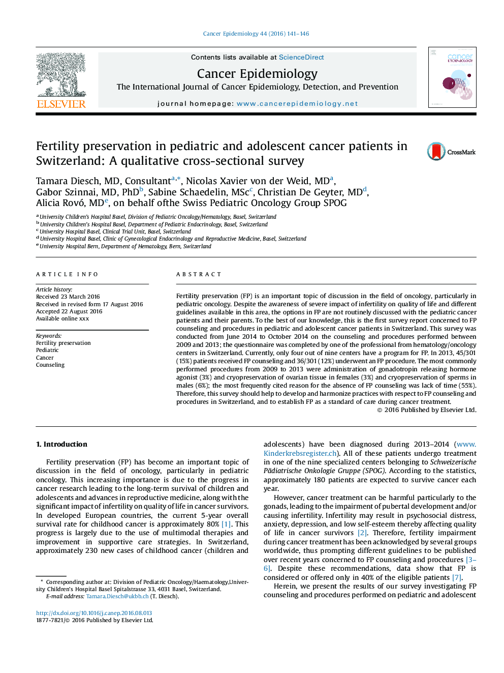 Fertility preservation in pediatric and adolescent cancer patients in Switzerland: A qualitative cross-sectional survey