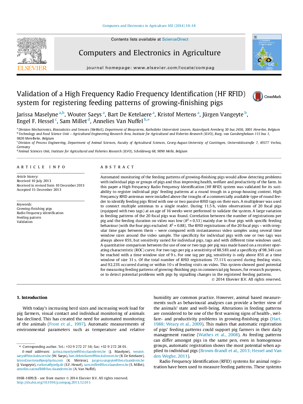 Validation of a High Frequency Radio Frequency Identification (HF RFID) system for registering feeding patterns of growing-finishing pigs