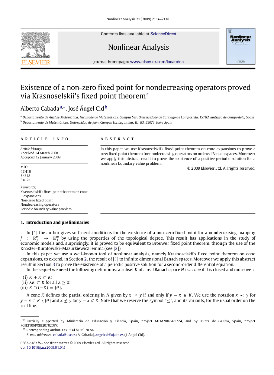 Existence of a non-zero fixed point for nondecreasing operators proved via Krasnoselskii’s fixed point theorem 