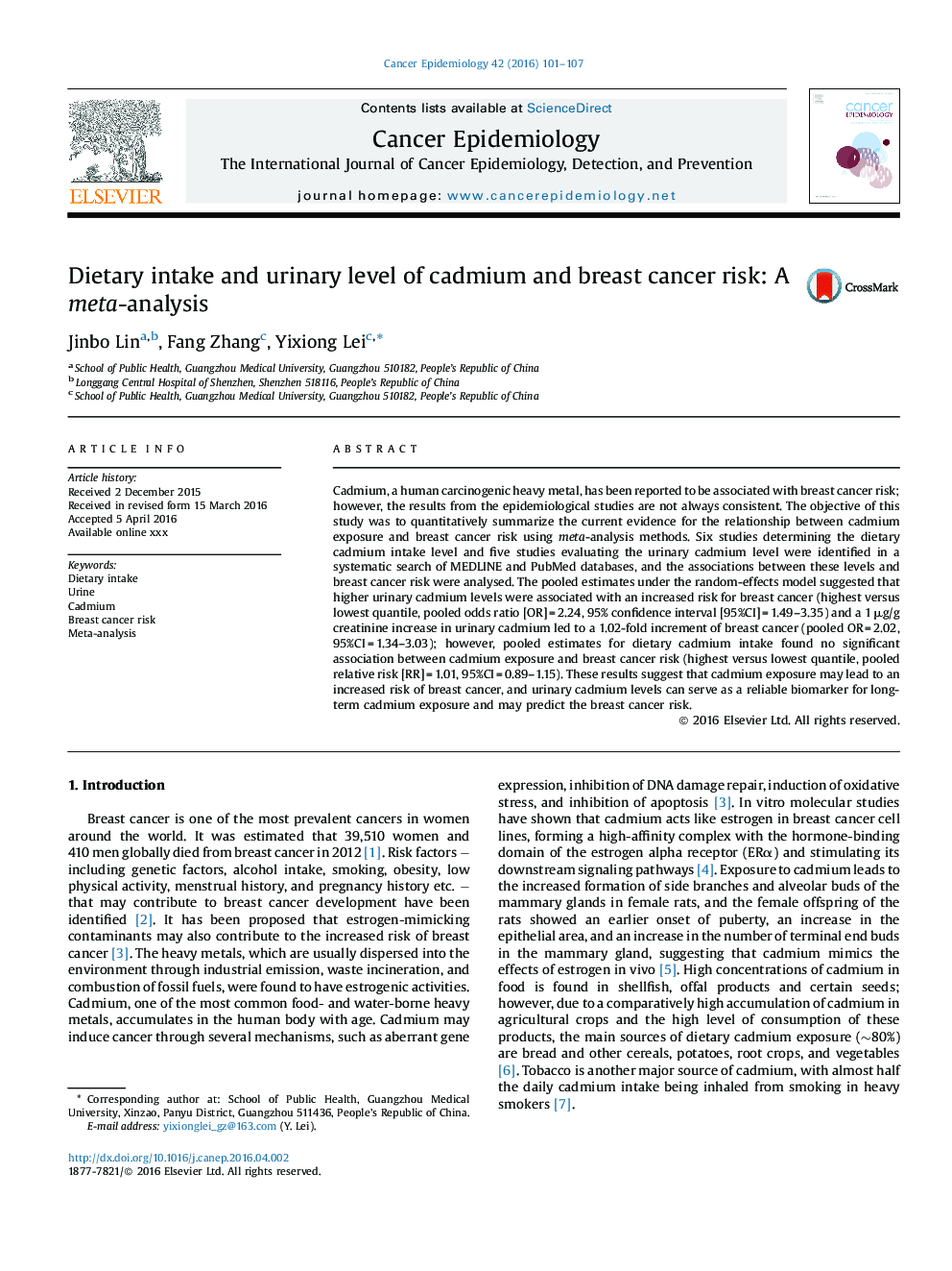 Dietary intake and urinary level of cadmium and breast cancer risk: A meta-analysis