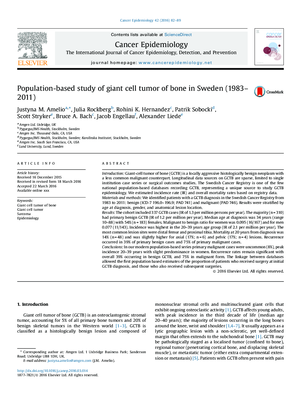 مطالعه مبتنی بر جمعیت تومور سلولی غول پیکر استخوان در سوئد (1983-2011) 