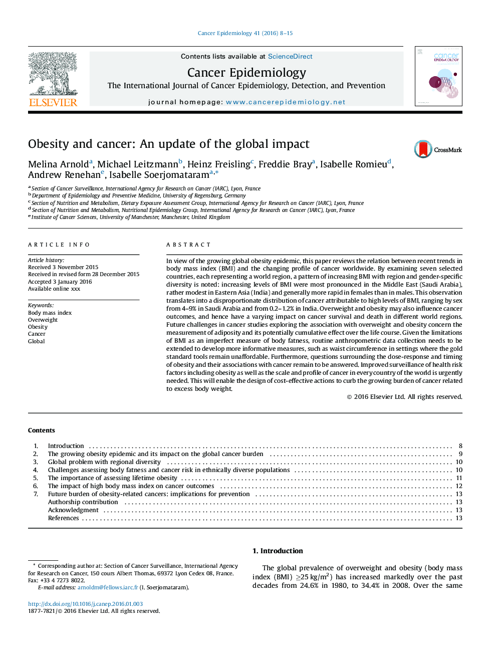 Obesity and cancer: An update of the global impact