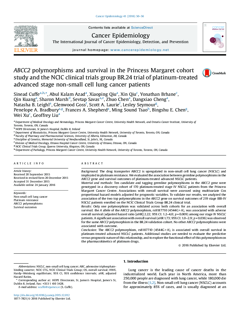 ABCC2 polymorphisms and survival in the Princess Margaret cohort study and the NCIC clinical trials group BR.24 trial of platinum-treated advanced stage non-small cell lung cancer patients