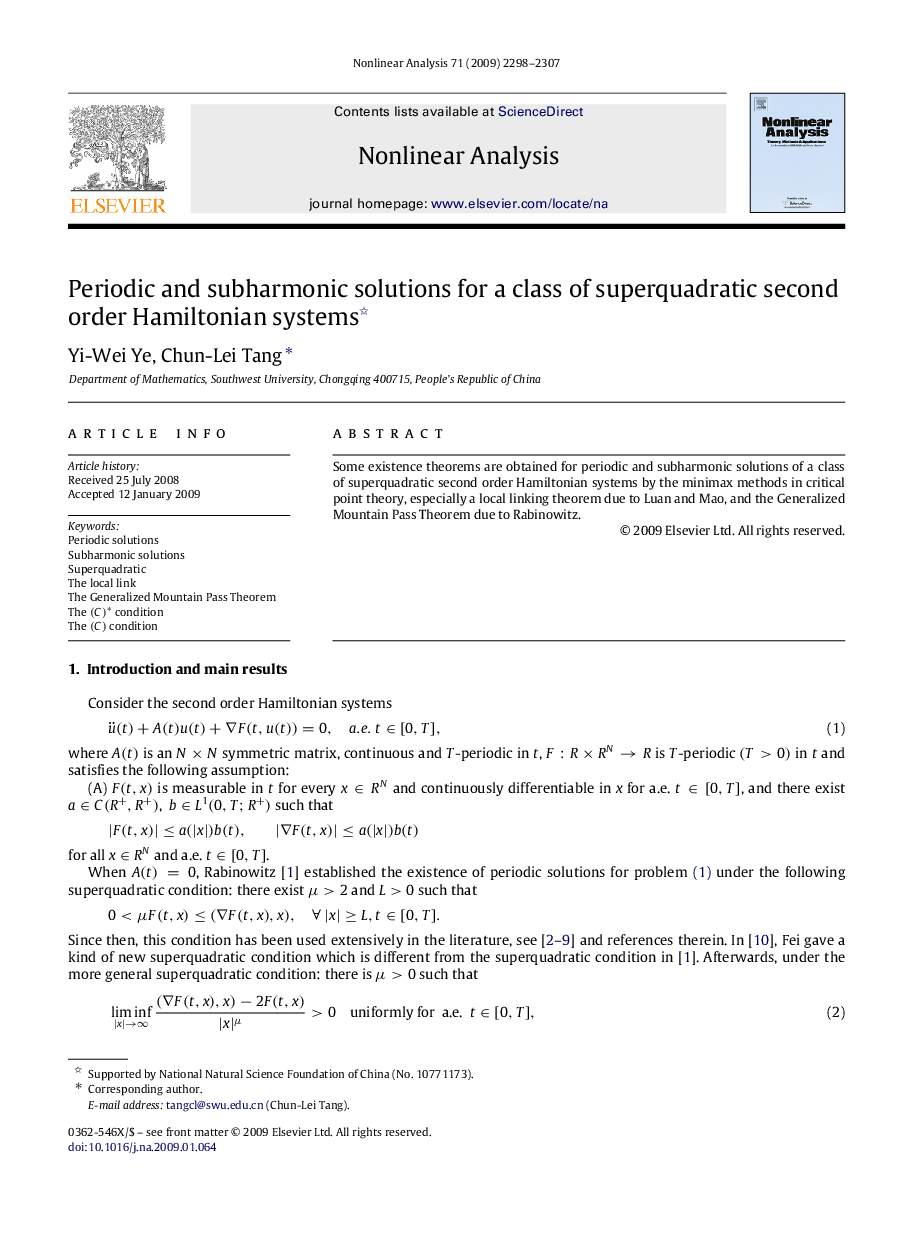 Periodic and subharmonic solutions for a class of superquadratic second order Hamiltonian systems 