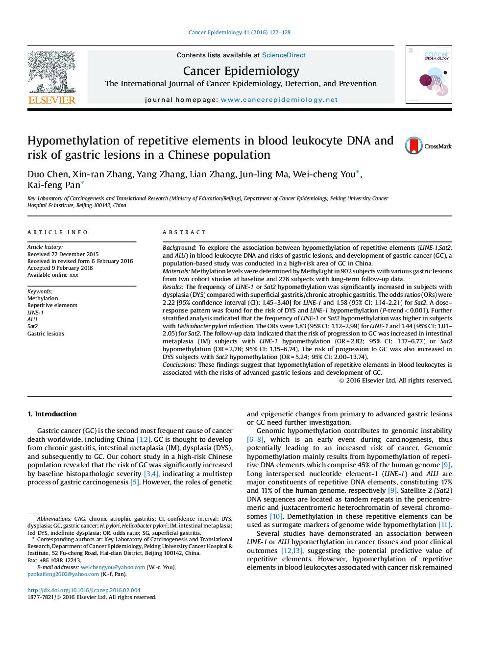 Hypomethylation of repetitive elements in blood leukocyte DNA and risk of gastric lesions in a Chinese population