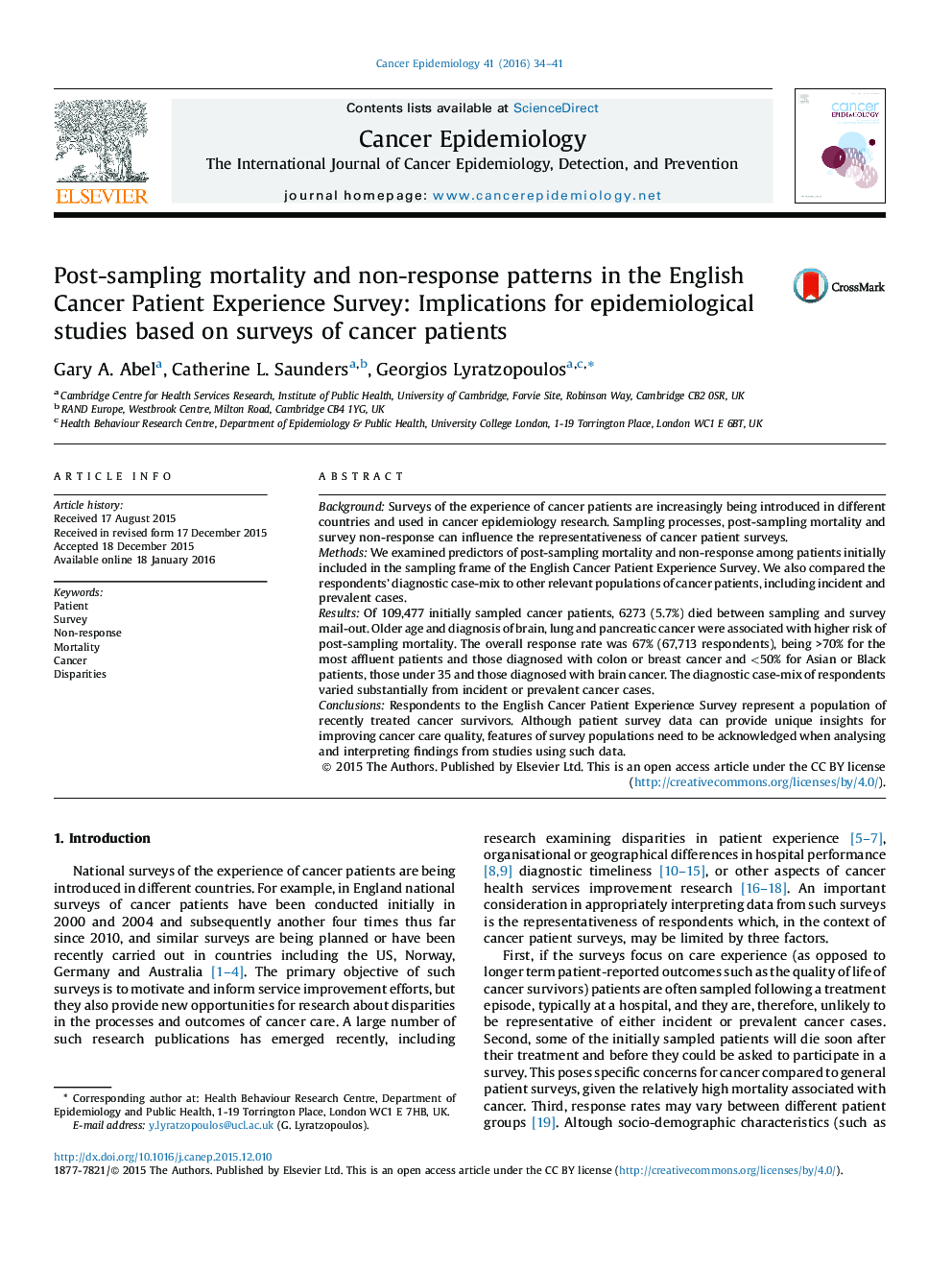 Post-sampling mortality and non-response patterns in the English Cancer Patient Experience Survey: Implications for epidemiological studies based on surveys of cancer patients