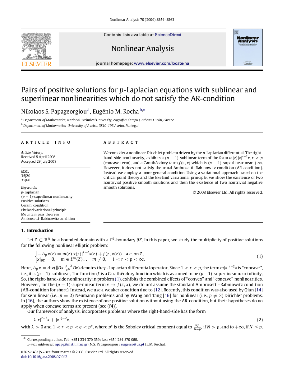 Pairs of positive solutions for pp-Laplacian equations with sublinear and superlinear nonlinearities which do not satisfy the AR-condition