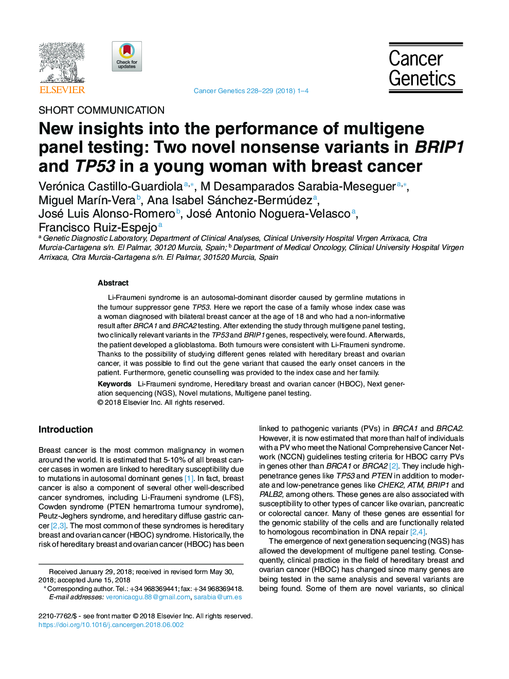 New insights into the performance of multigene panel testing: Two novel nonsense variants in BRIP1 and TP53 in a young woman with breast cancer