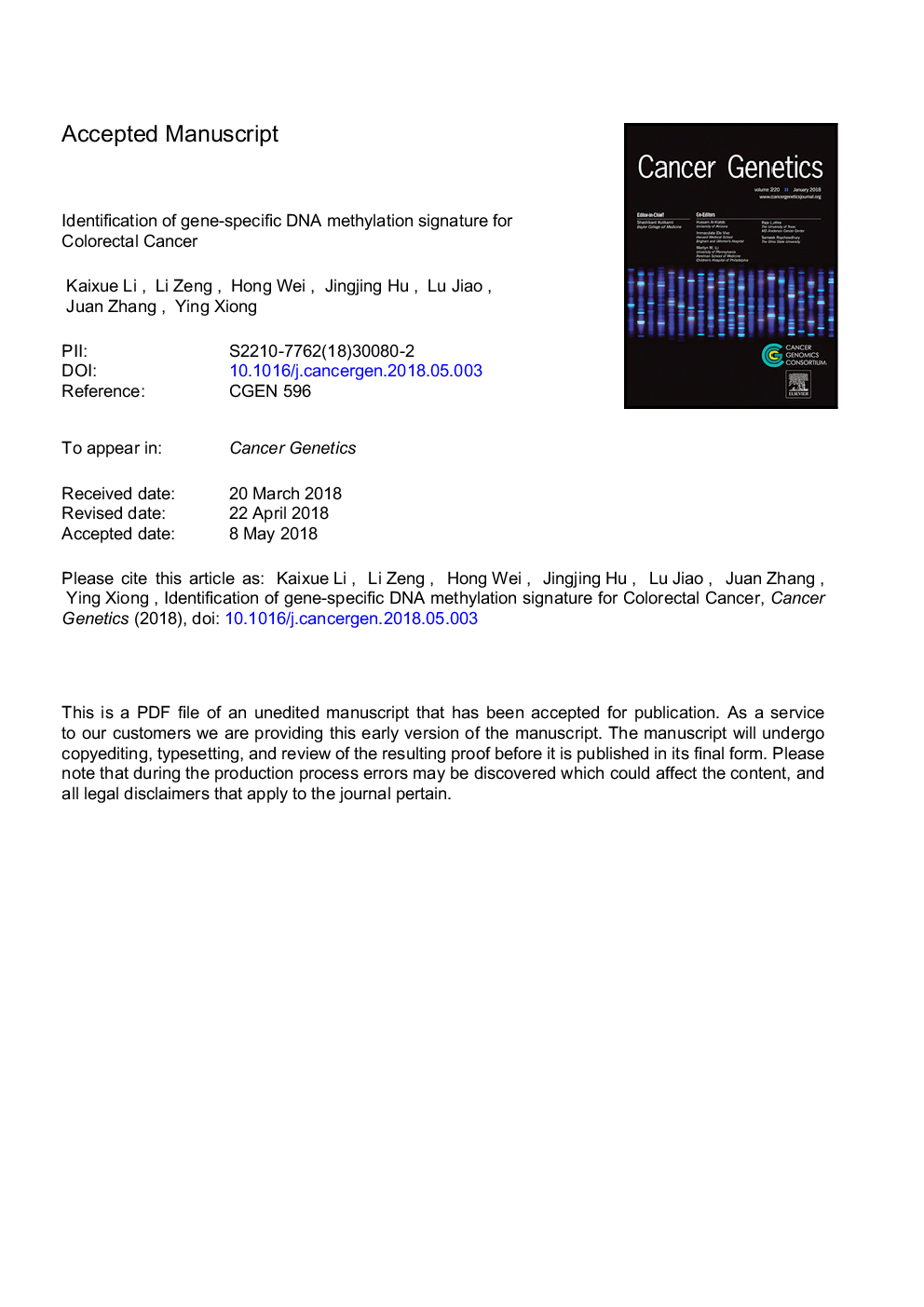 Identification of gene-specific DNA methylation signature for Colorectal Cancer