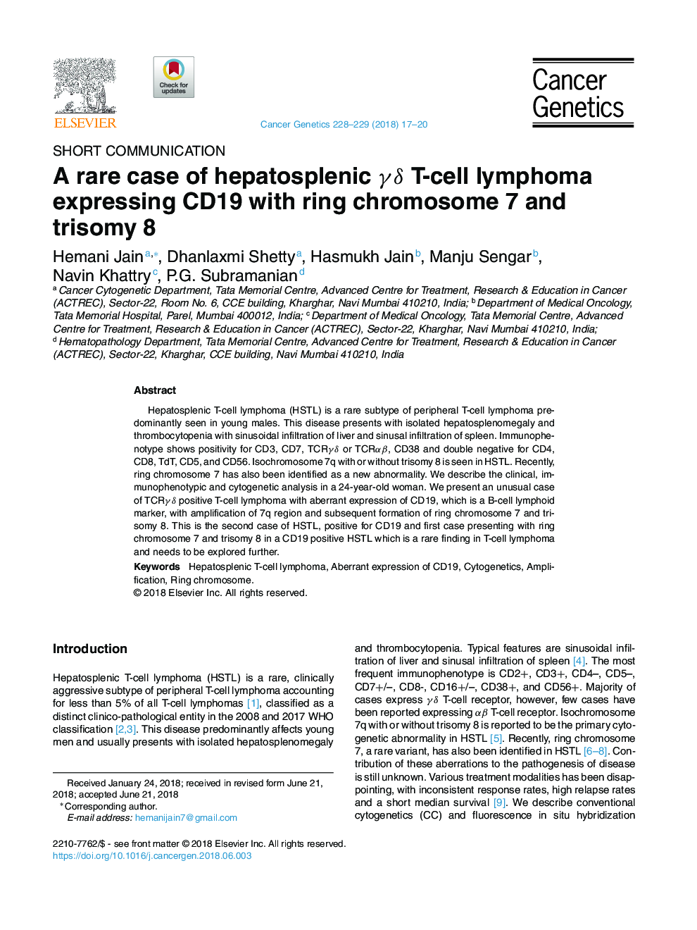 A rare case of hepatosplenic Î³Î´ T-cell lymphoma expressing CD19 with ring chromosome 7 and trisomy 8