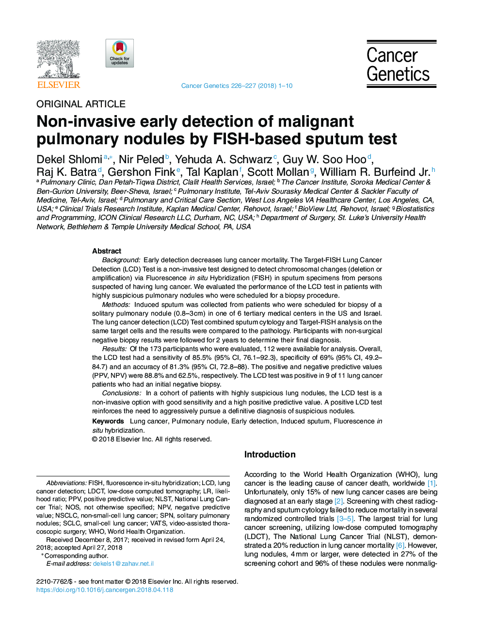 Non-invasive early detection of malignant pulmonary nodules by FISH-based sputum test