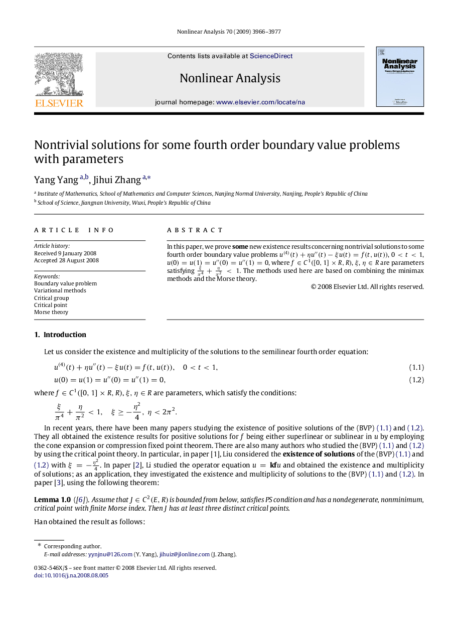 Nontrivial solutions for some fourth order boundary value problems with parameters