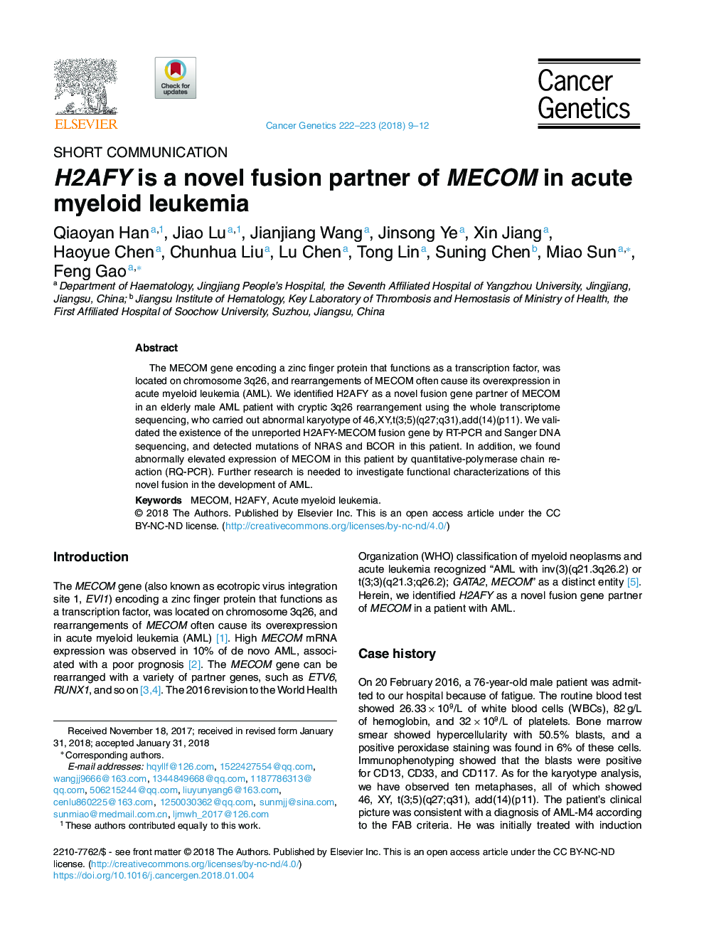 H2AFY is a novel fusion partner of MECOM in acute myeloid leukemia