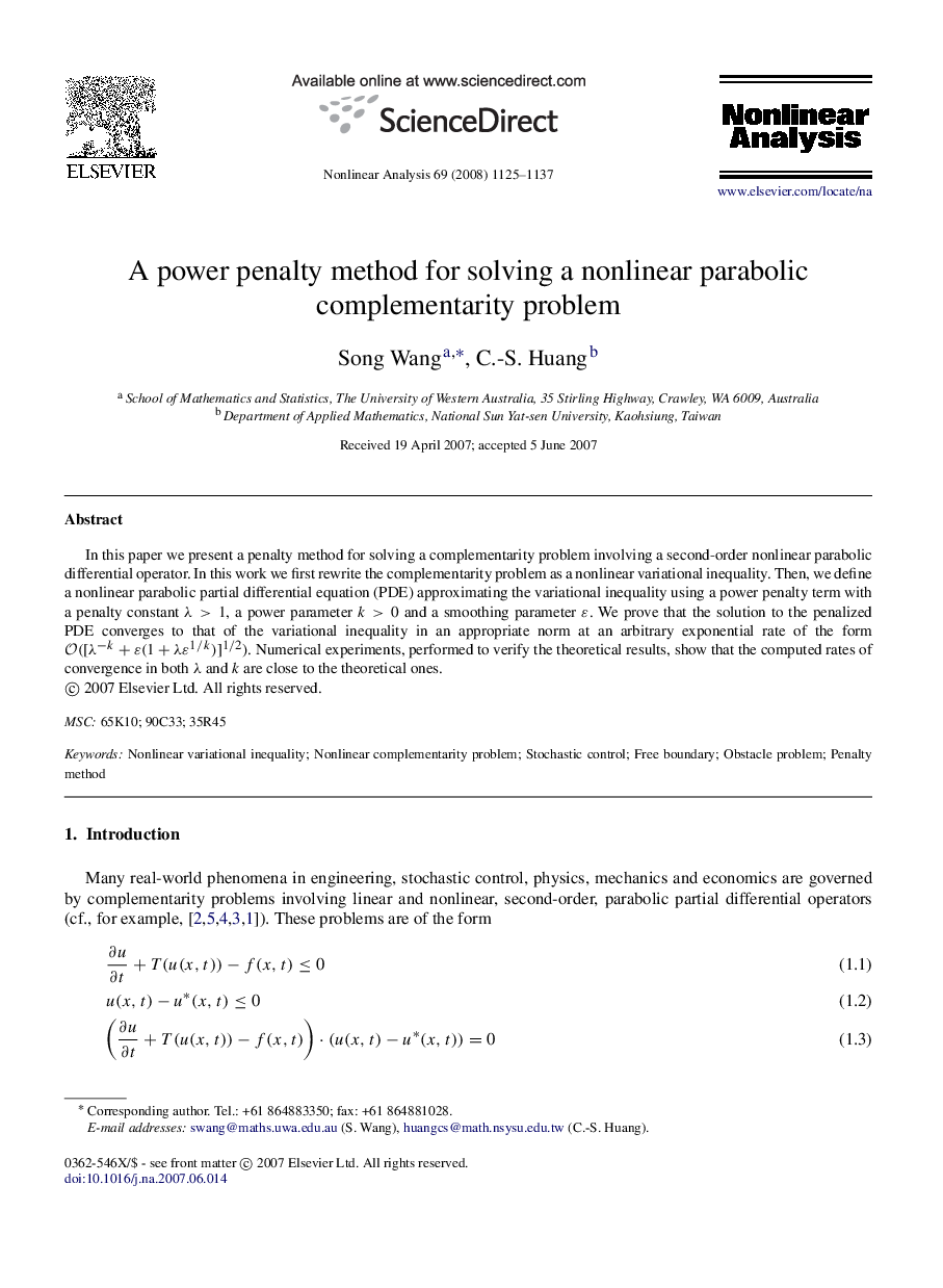 A power penalty method for solving a nonlinear parabolic complementarity problem