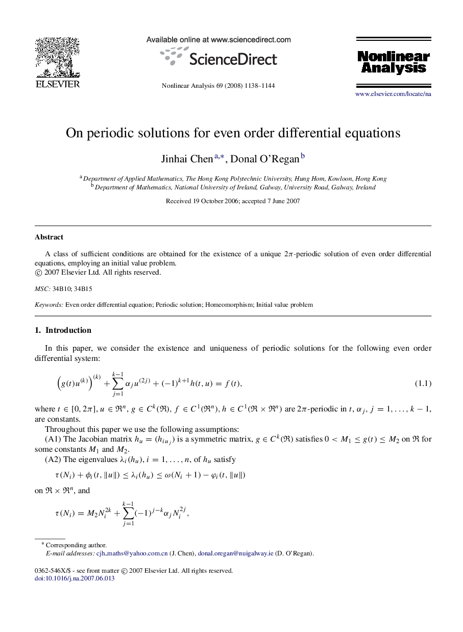 On periodic solutions for even order differential equations