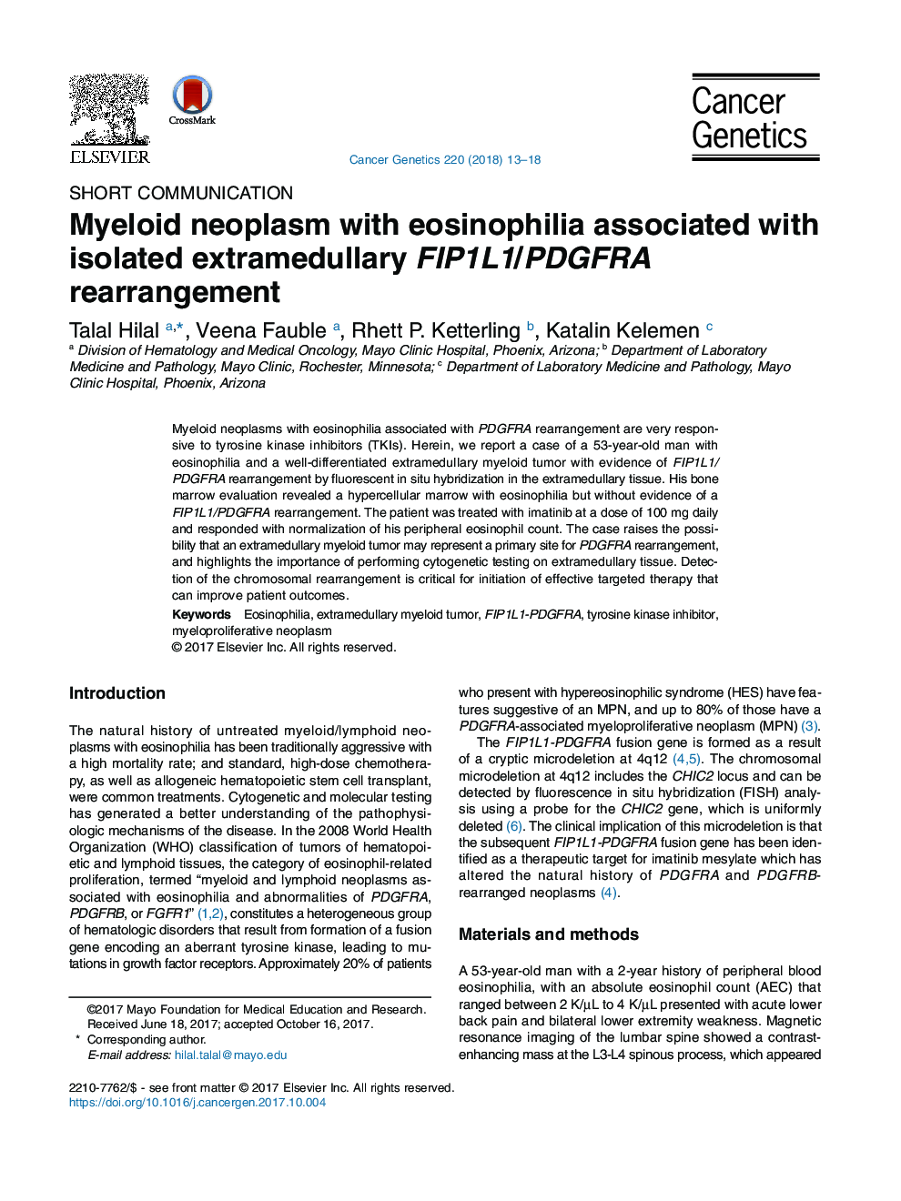 Myeloid neoplasm with eosinophilia associated with isolated extramedullary FIP1L1/PDGFRA rearrangement